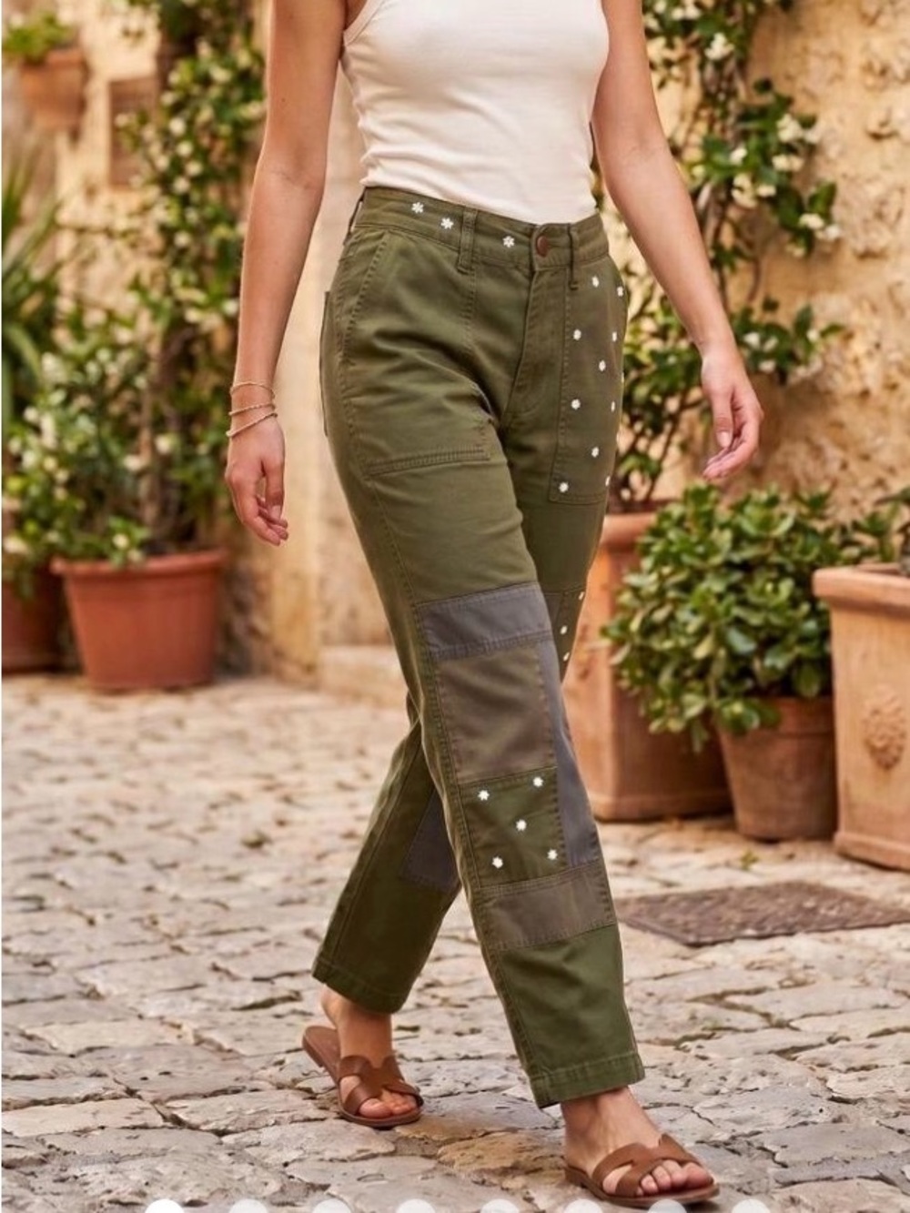 J. Crew Olive Green Patchwork Cargo Pants with White Daisy Embroidery